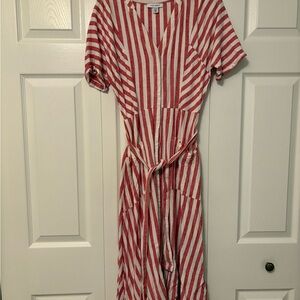 Pure Navy Red and White Striped Linen Midi Dress - Size 2